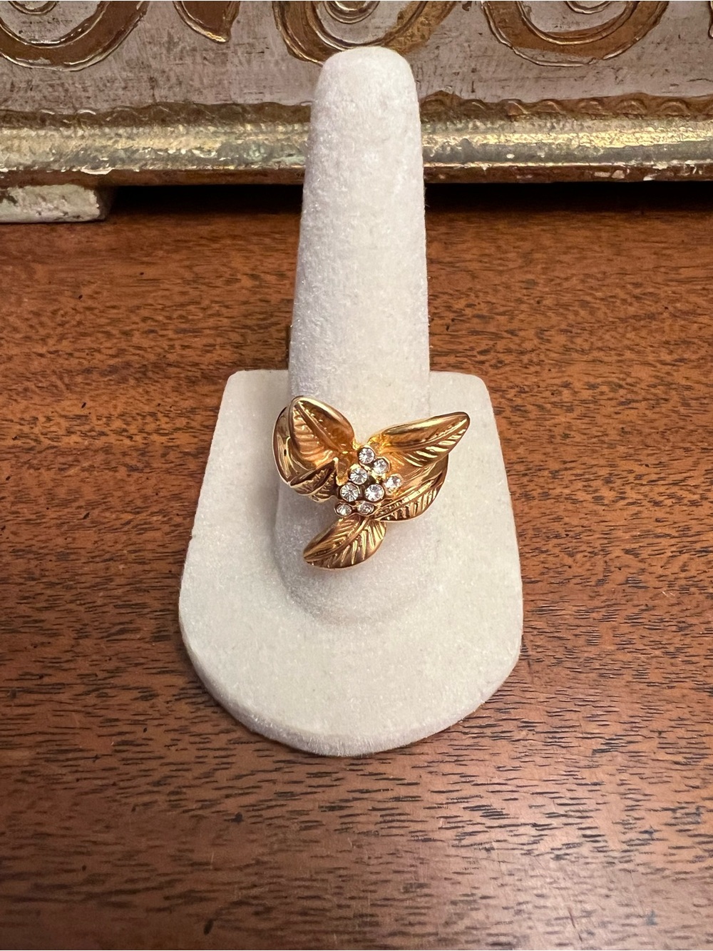 Gold Leaf Floral Ring with Crystal Accents Size 7 - Picture 6 of 6